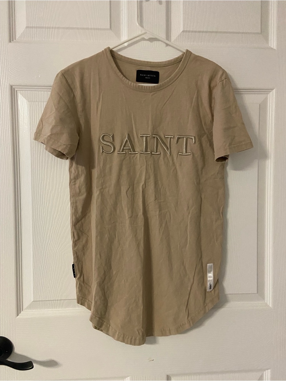 T39a- SAINT MORTA Tan Embroidered LOGO FRONT Tunic T-Shirt